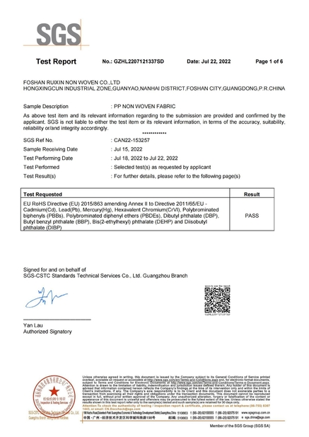 Porcellana Foshan Rayson Non Woven Co.,Ltd Certificazioni