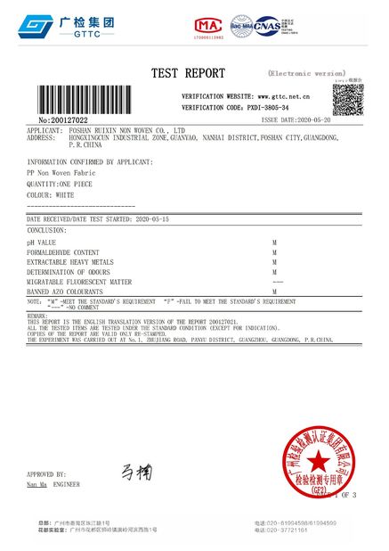 Porcellana Foshan Rayson Non Woven Co.,Ltd Certificazioni