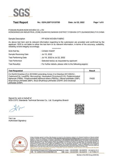 La Cina FOSHAN RUIXIN NON WOVEN CO.,LTD Certificazioni