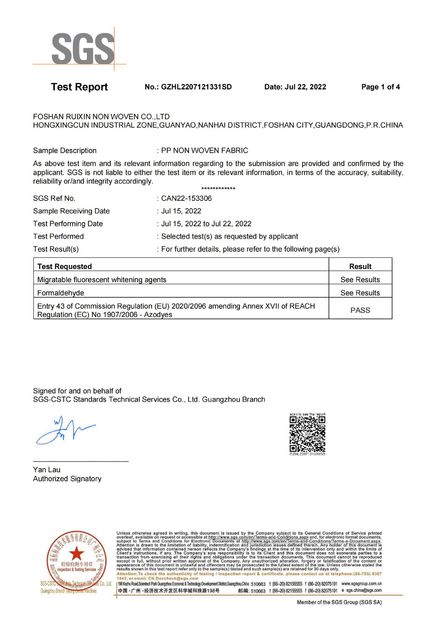 La Cina FOSHAN RUIXIN NON WOVEN CO.,LTD Certificazioni