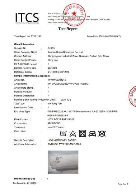 La Cina FOSHAN RUIXIN NON WOVEN CO.,LTD Certificazioni