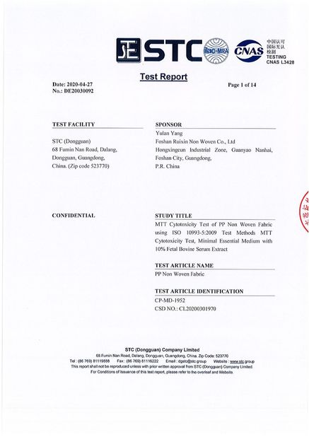La Cina FOSHAN RUIXIN NON WOVEN CO.,LTD Certificazioni