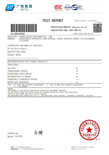 La Cina FOSHAN RUIXIN NON WOVEN CO.,LTD Certificazioni